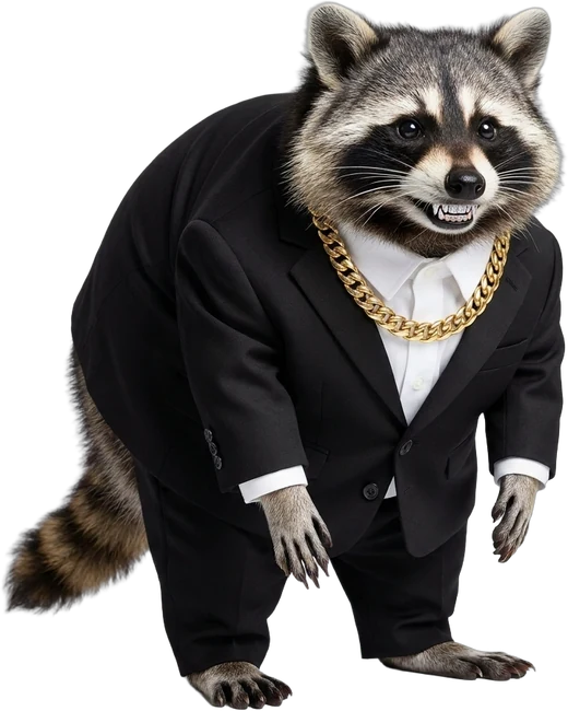 Jimothy standing upright in a black suit with a gold chain, grinning